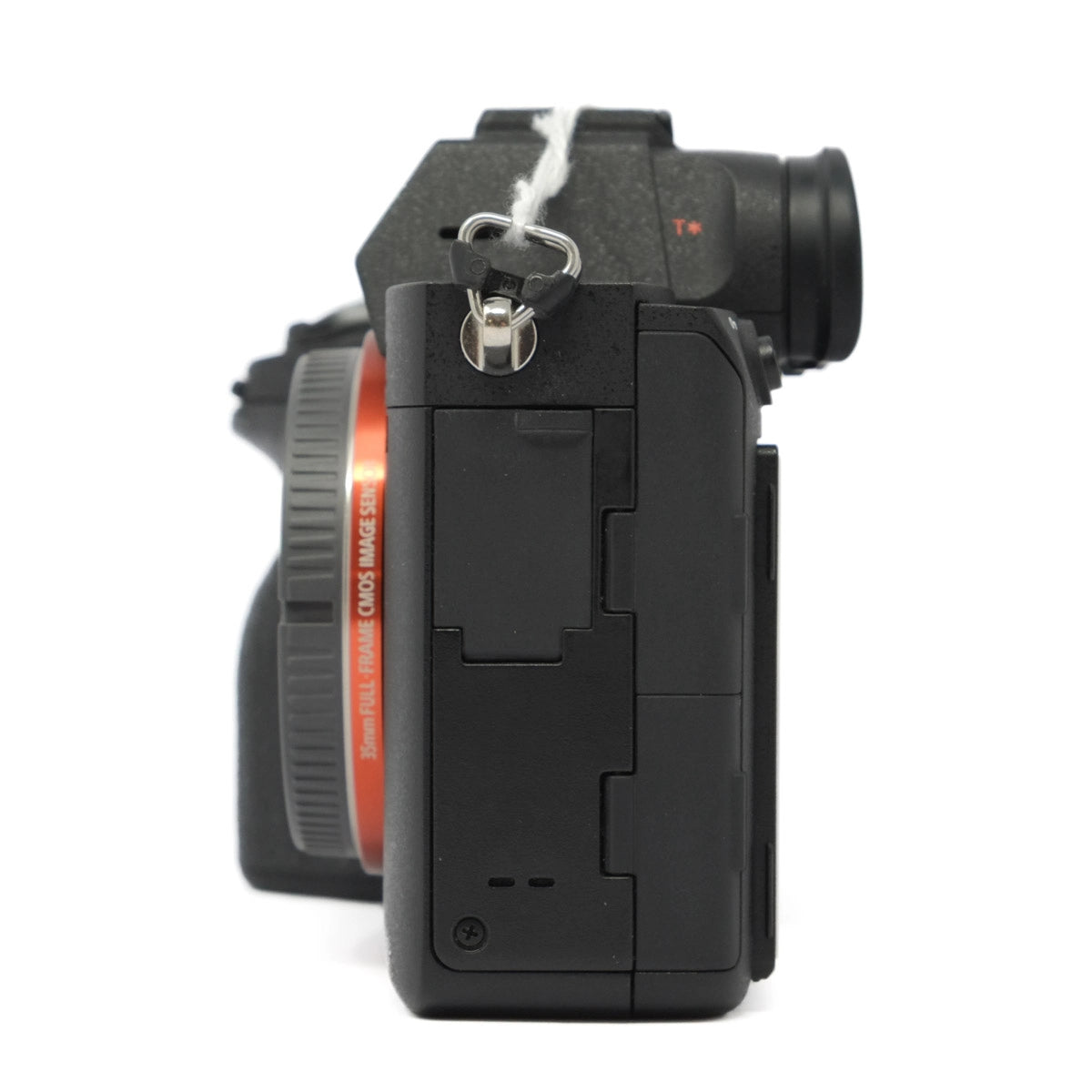 Camera lens with a black body on a white background