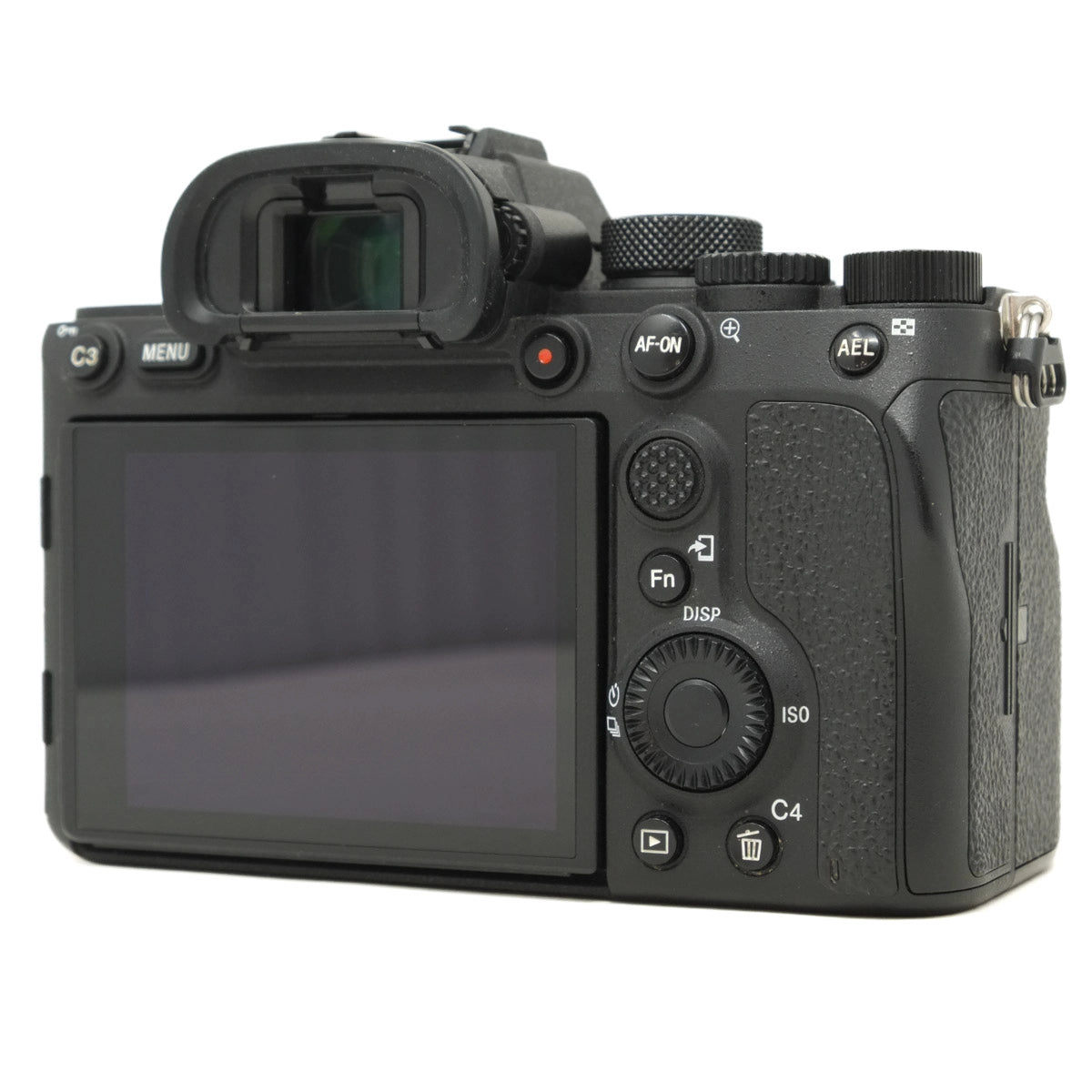 Black camera body with control buttons on a white background