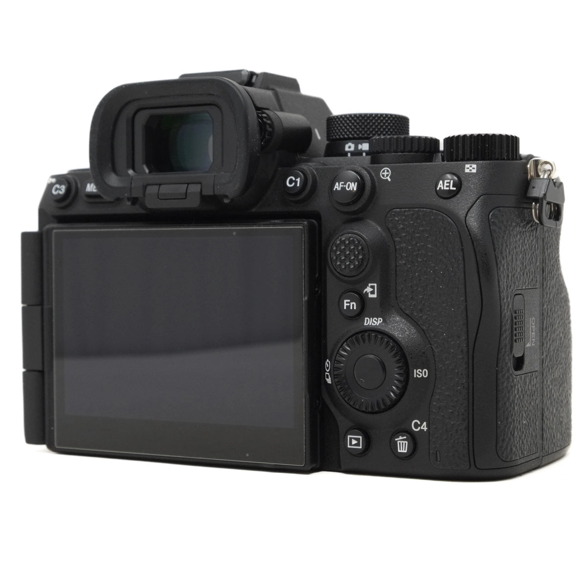 Black camera body with control buttons on a white background