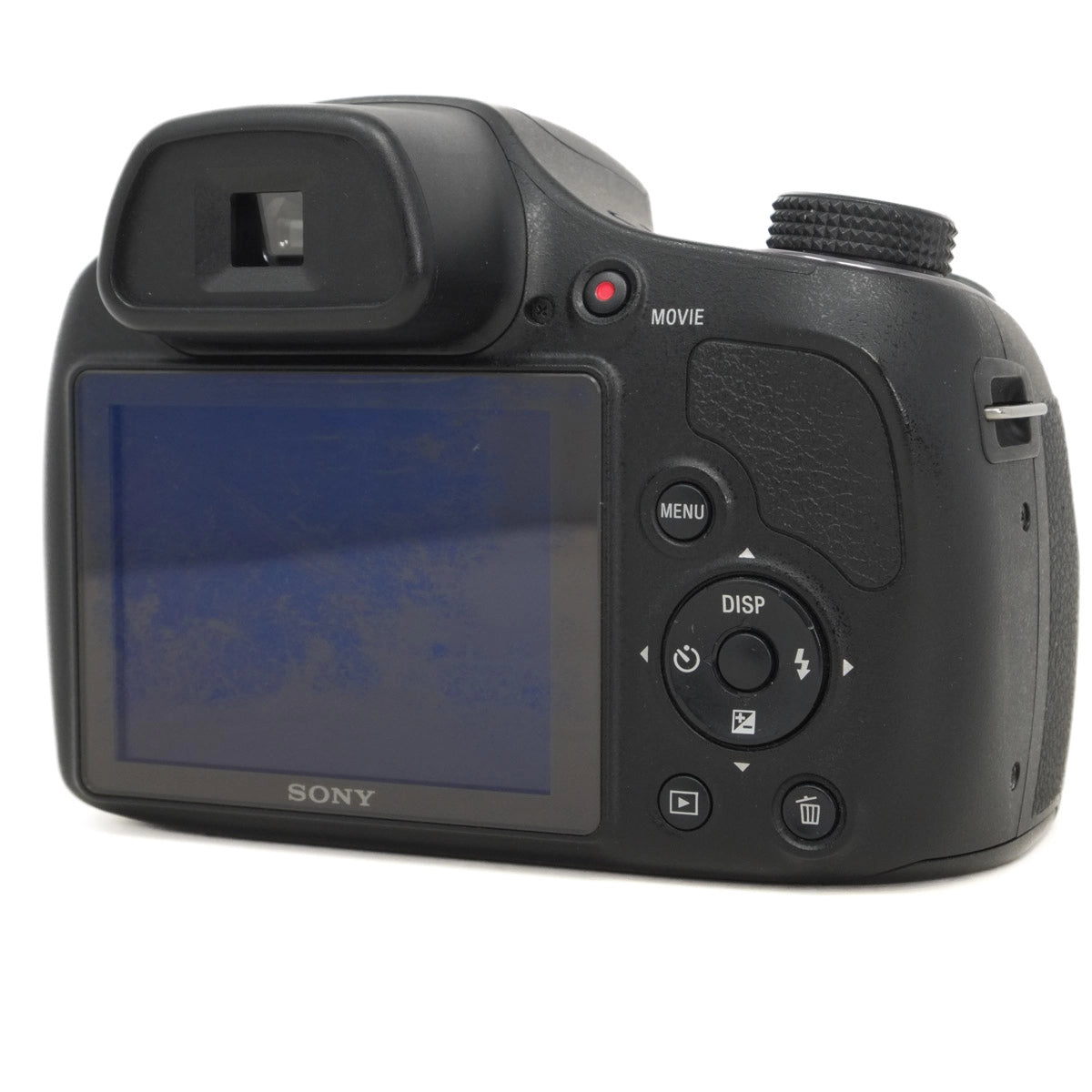 Back view of a Sony camera on a white background