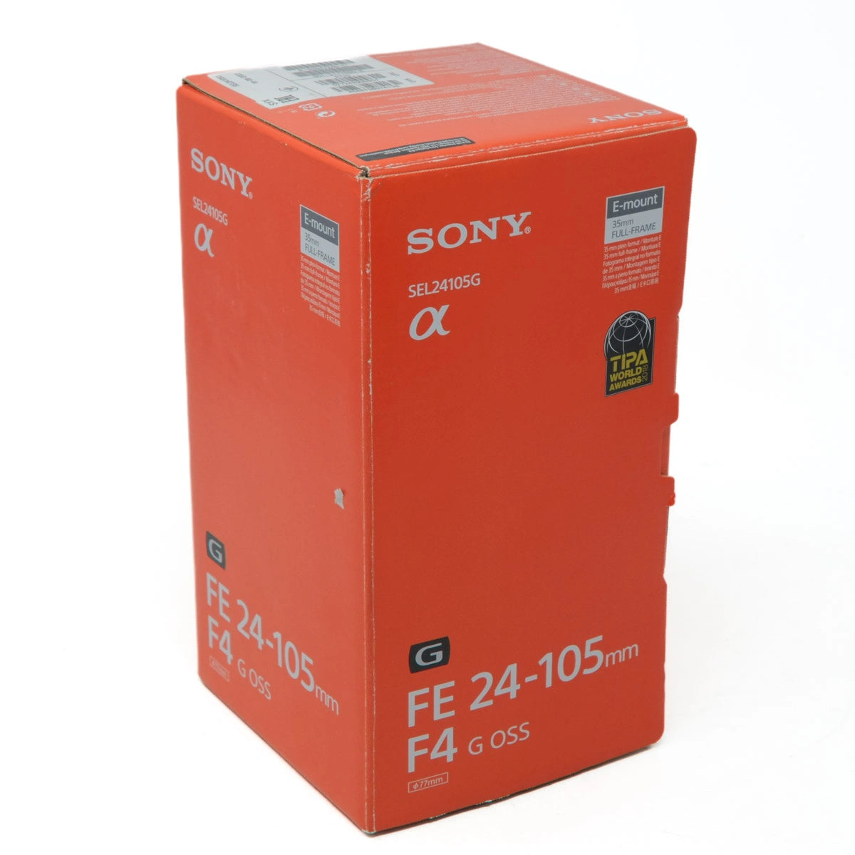 Sony camera lens packaging box on a white background