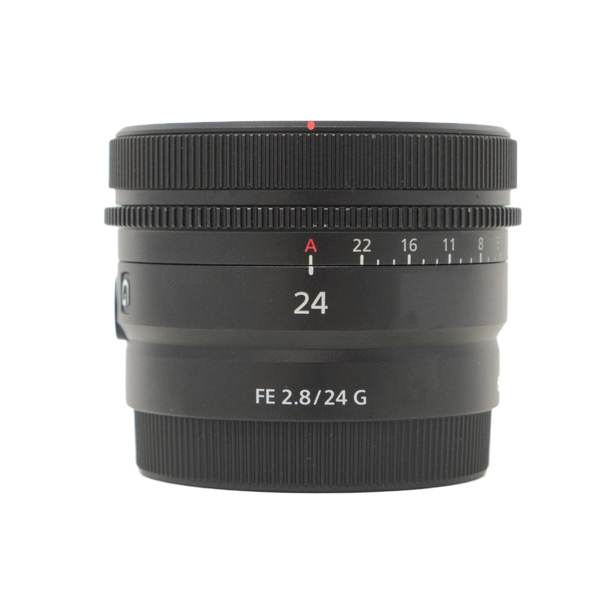Camera lens with specifications on a white background