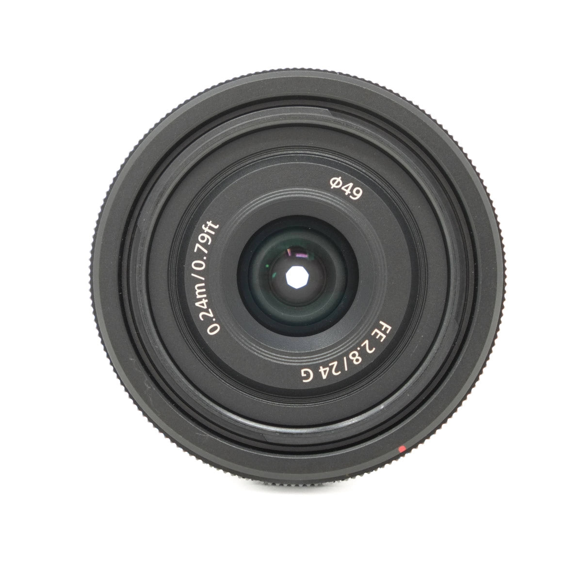 Camera lens with specifications on a white background