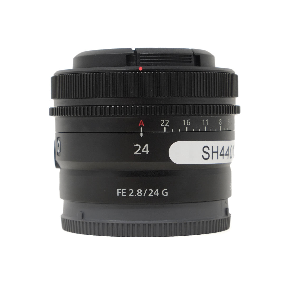 Camera lens with specifications on a white background