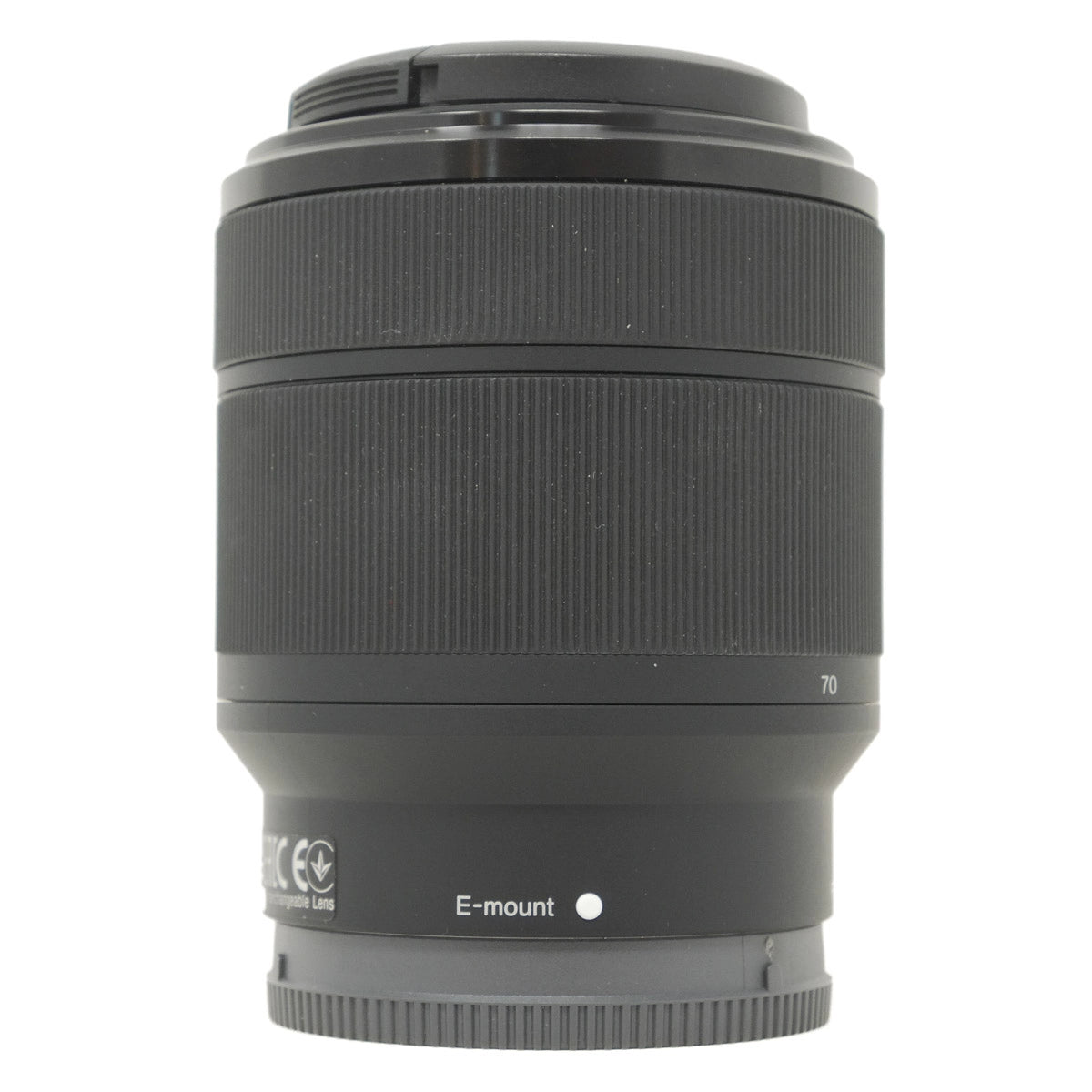 Camera lens with 'E-mount' marking on a white background