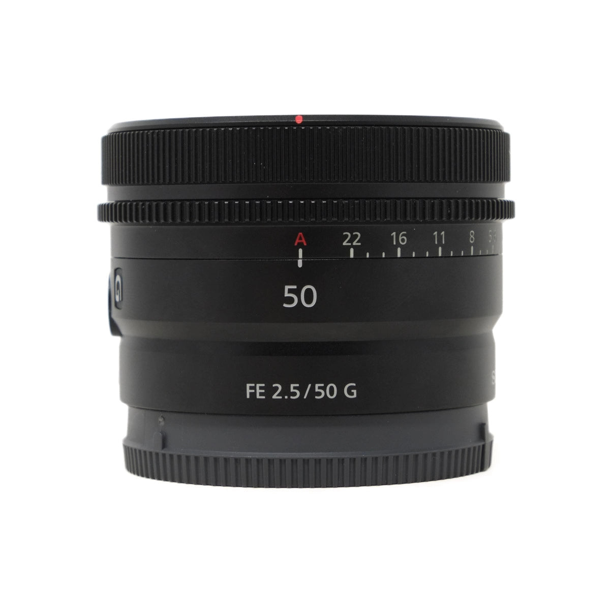 Camera lens with specifications on a white background