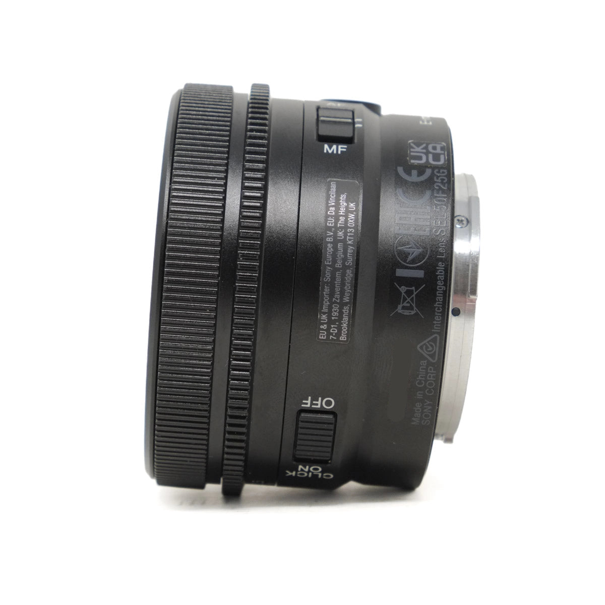 Camera lens with branding and model information on a white background