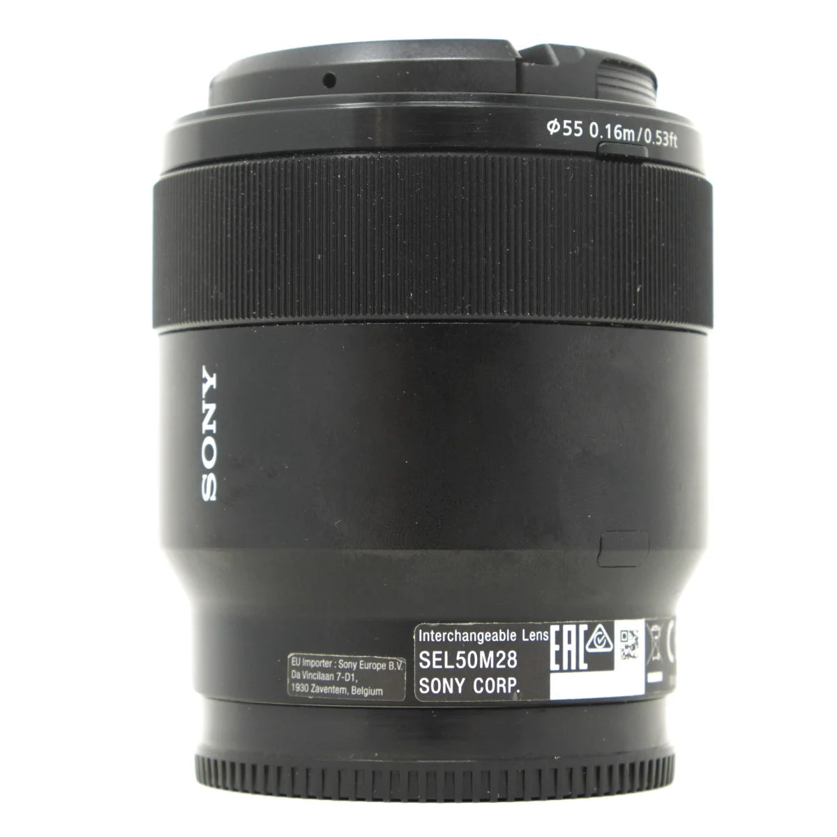 Used Sony FE 50mm F2.8 Macro Lens in E Mount - side angle
