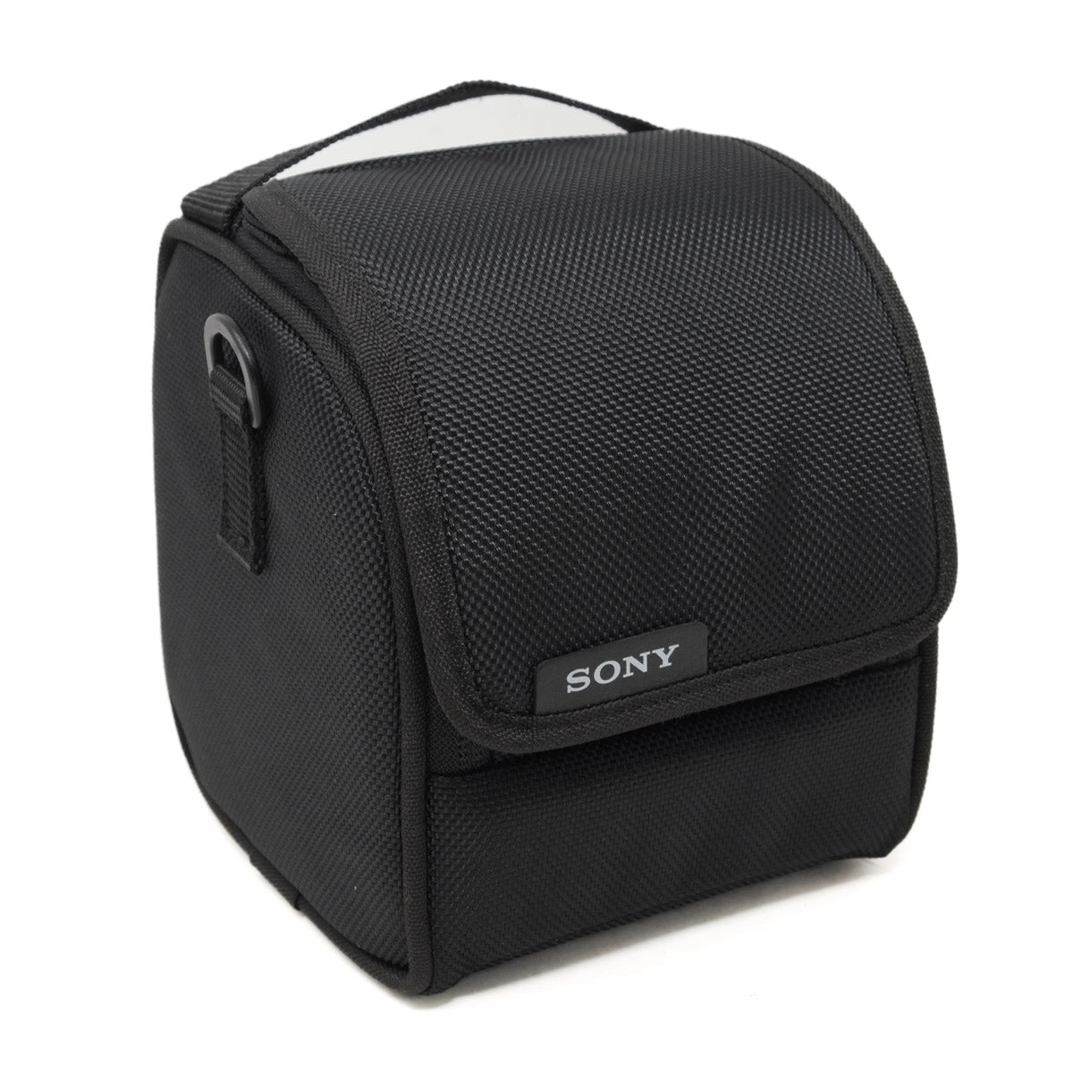Black Sony camera bag on a white background