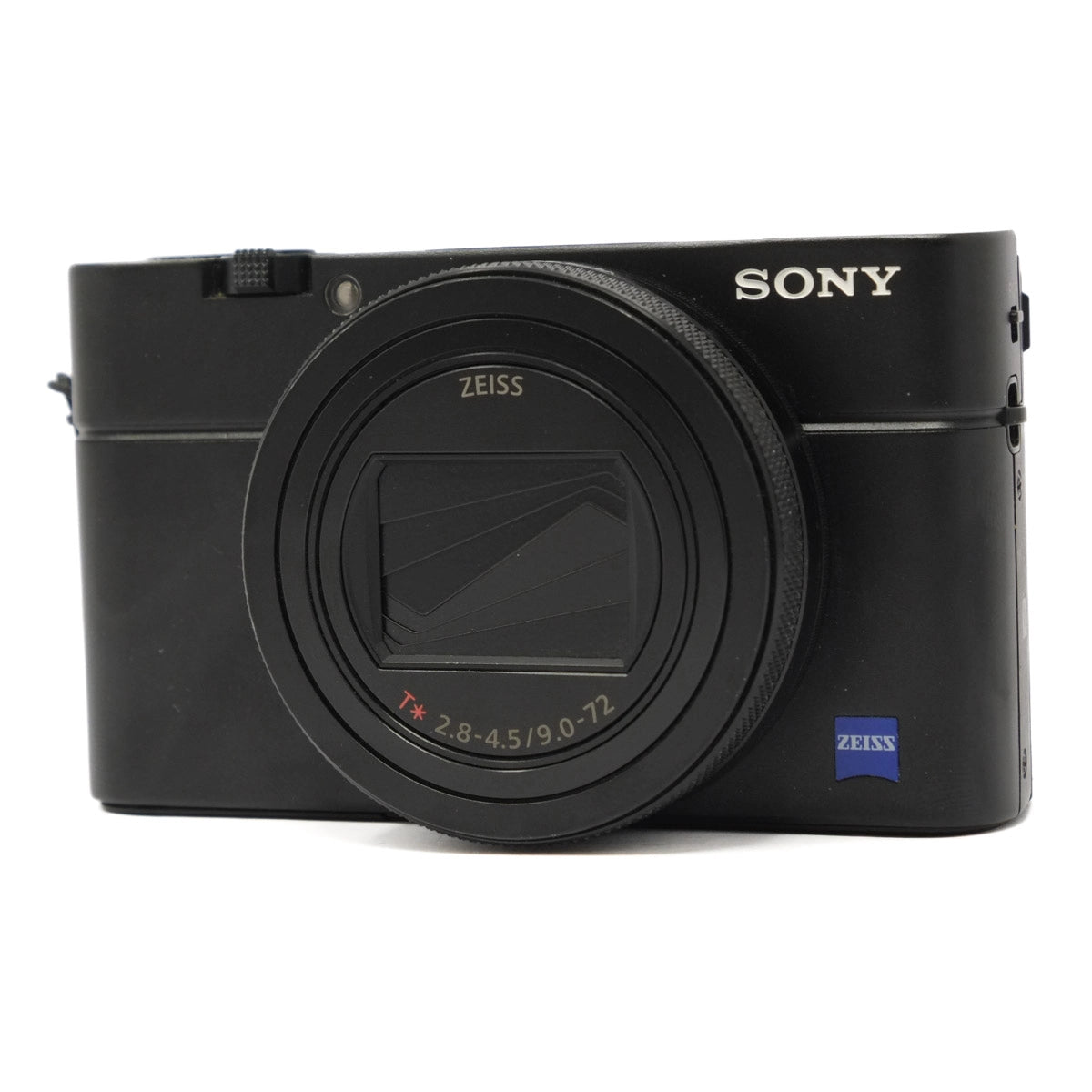 Black Sony camera with Zeiss lens on a white background