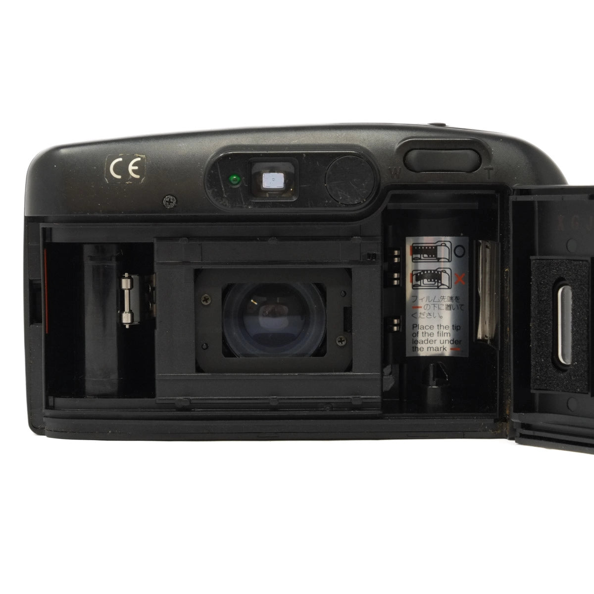 Back view of a camera with open cover showing internal components on a white background