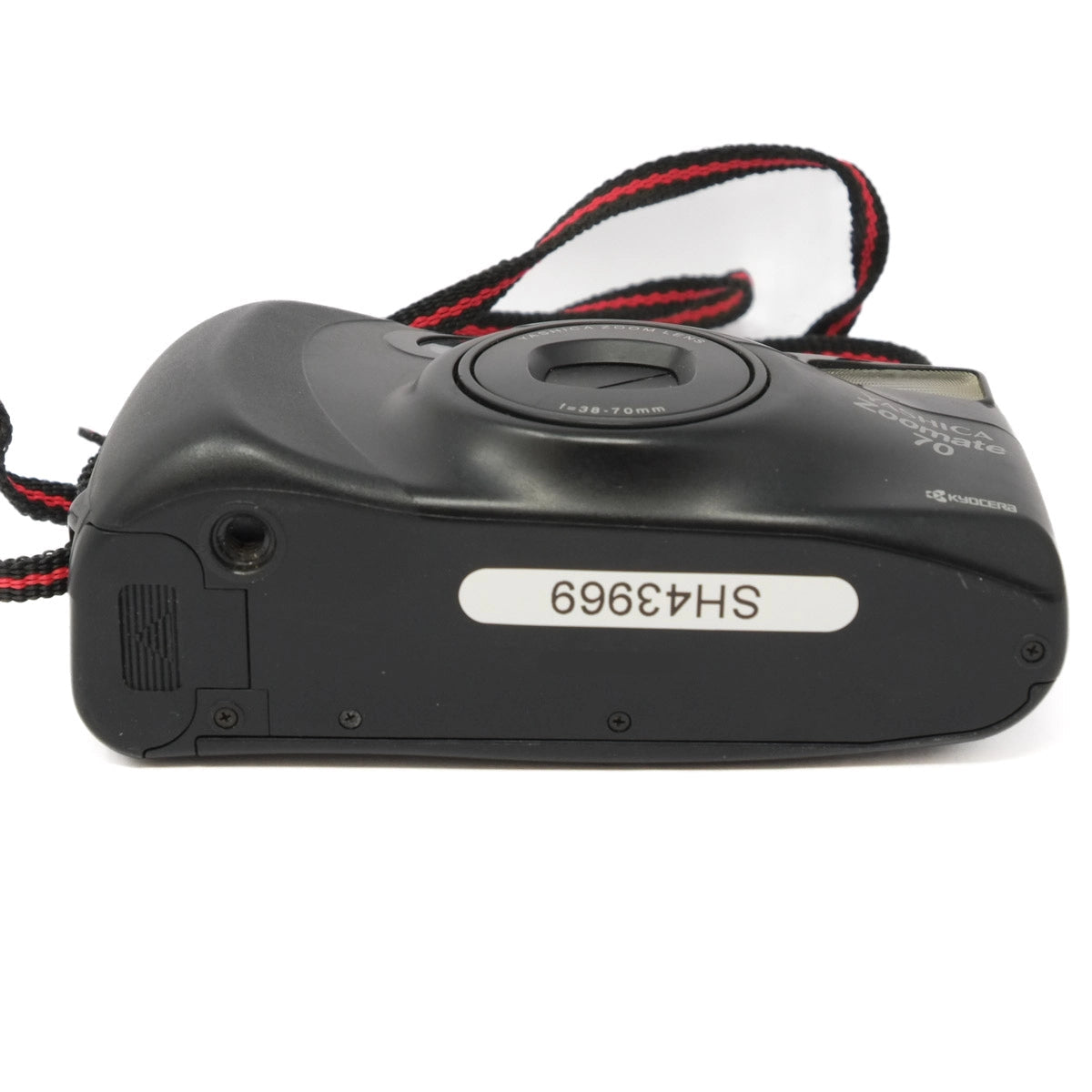 Black camera with a strap on a white background