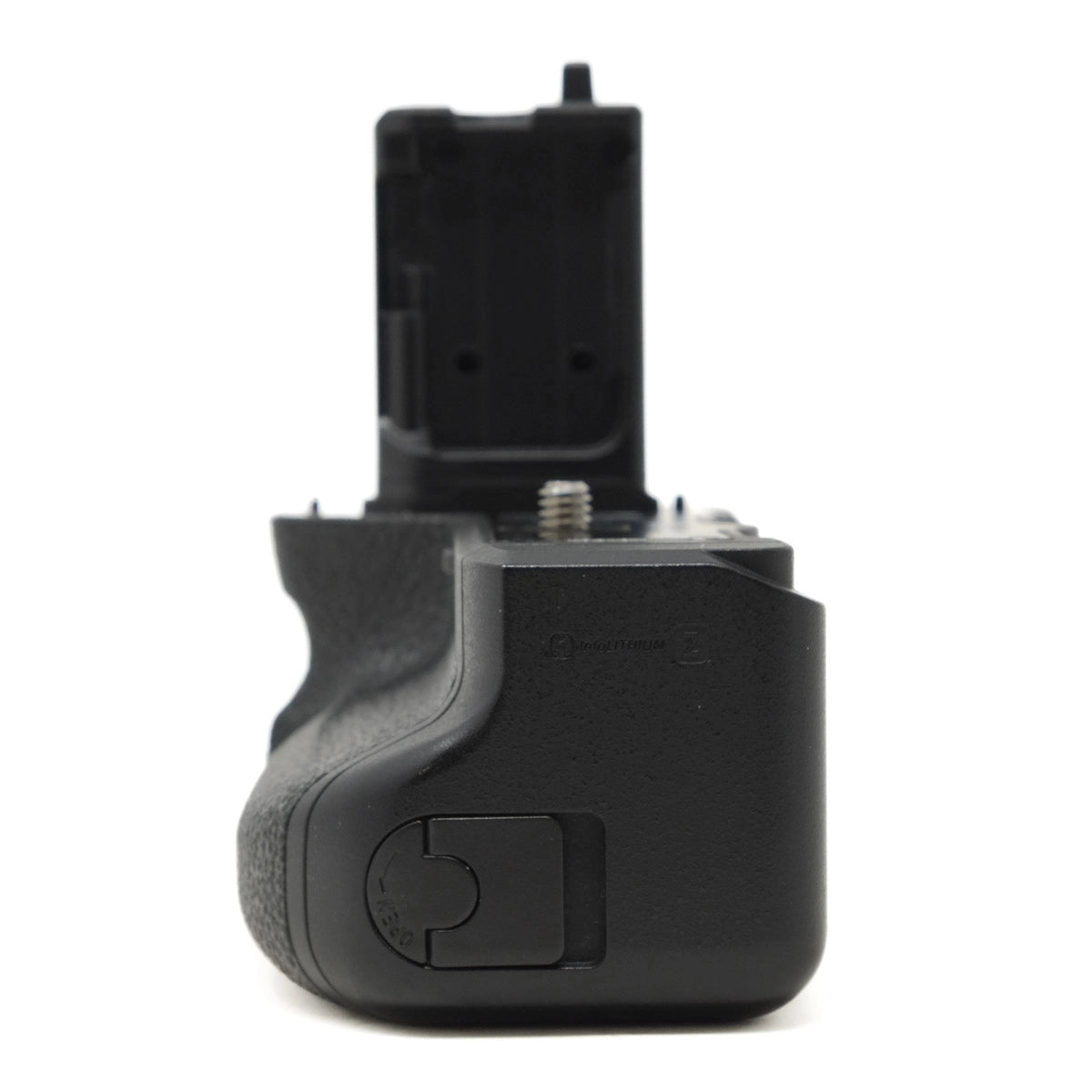 Black camera battery grip on a white background