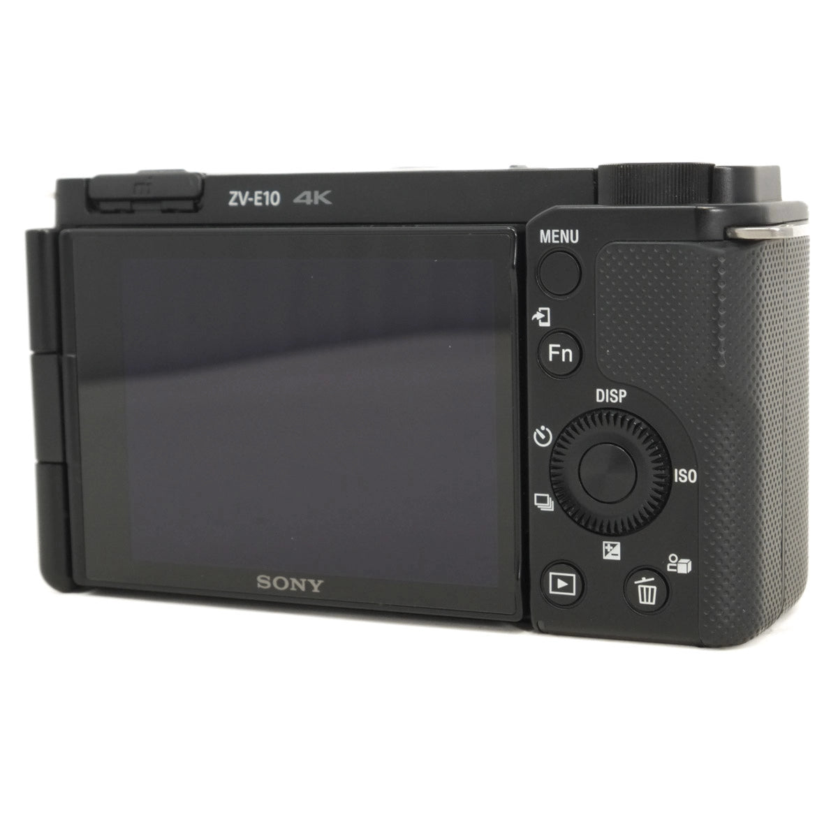 Black Sony camera with touchscreen on a white background