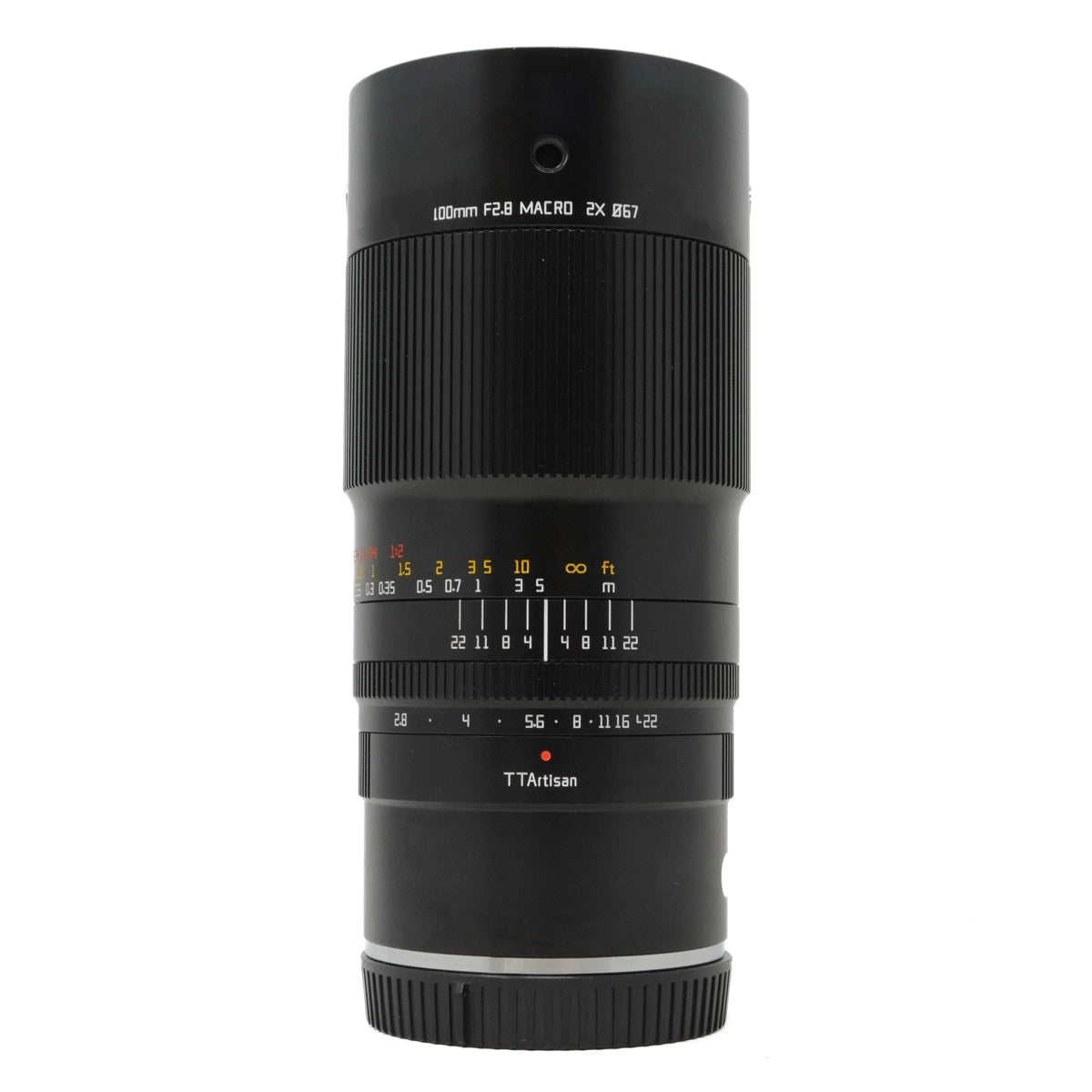 Black camera lens with visible branding on a white background