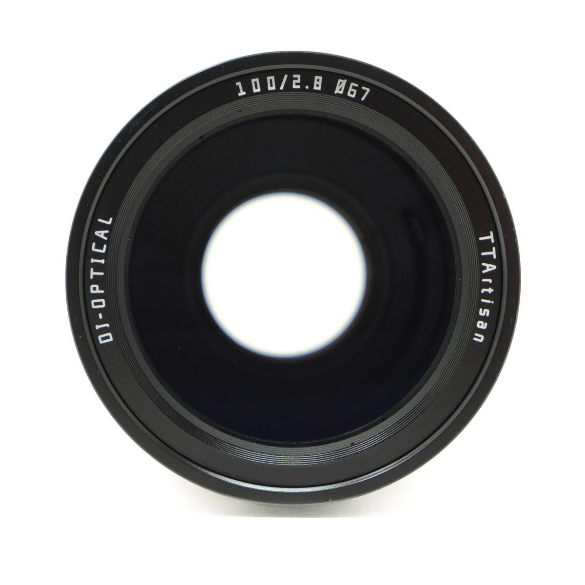 Camera lens with branding on a white background