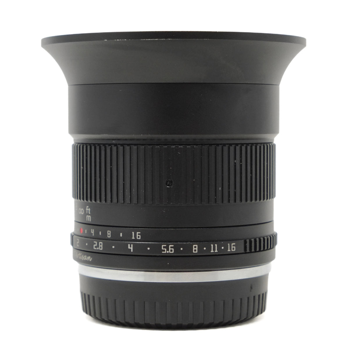 Camera lens with focus and aperture markings on a white background