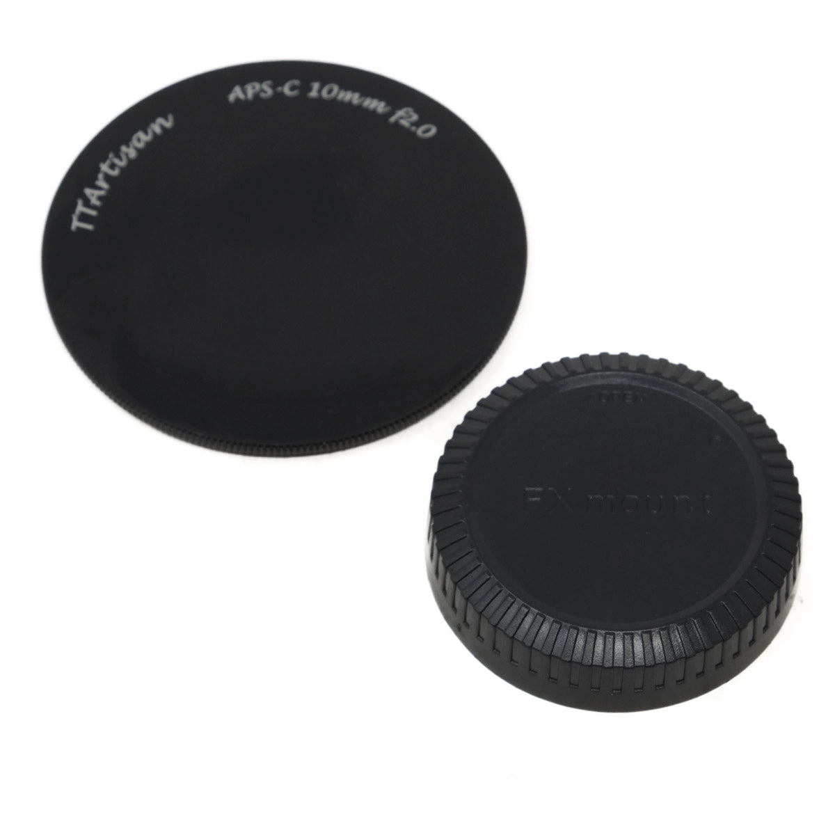 Camera lens cap and body cap on a white background