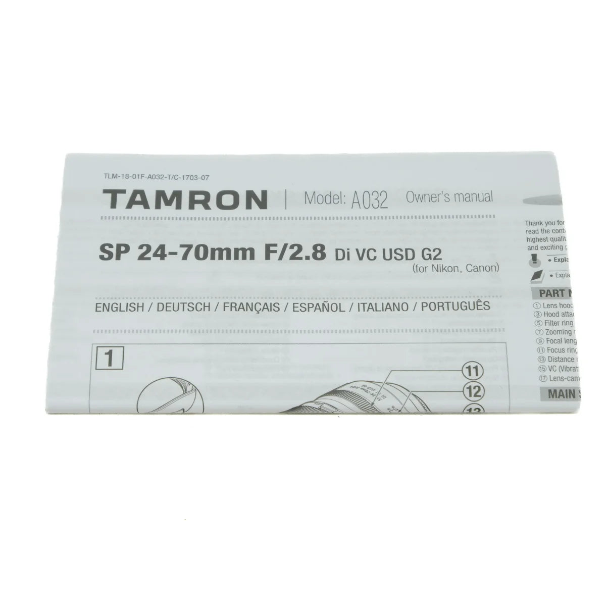 Used Tamron SP 24-70mm F2.8 Di VC USD G2 Lens in Nikon F Mount - instructions