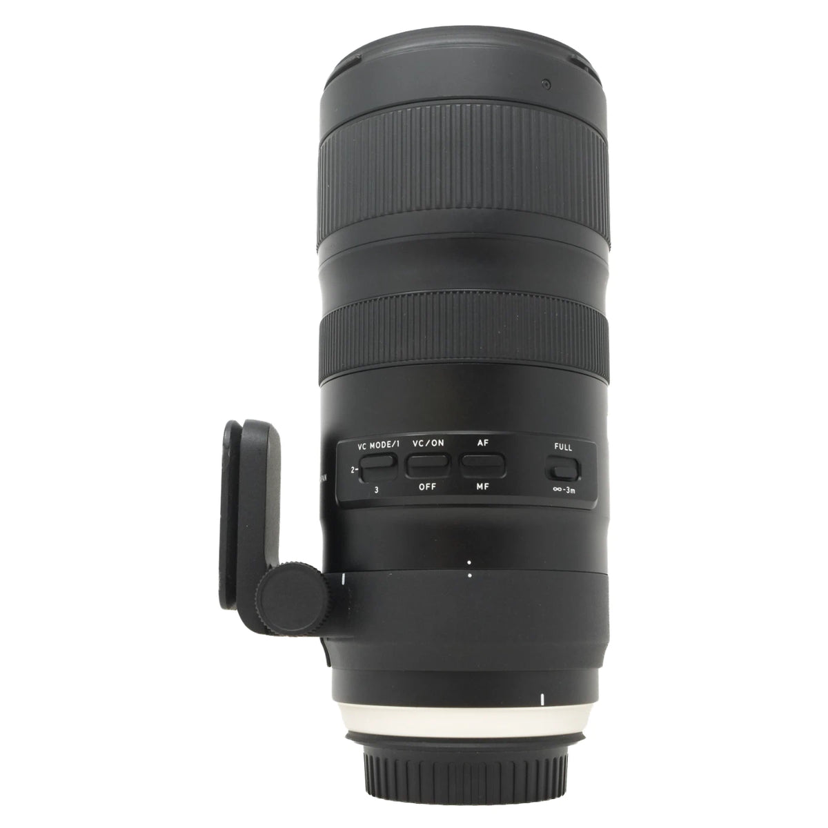 A black Sigma telephoto lens with a side release clip, shown against a plain white background.