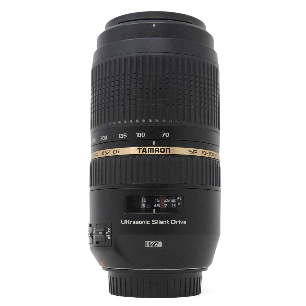 Tamron SP 70-300mm camera lens on a white background