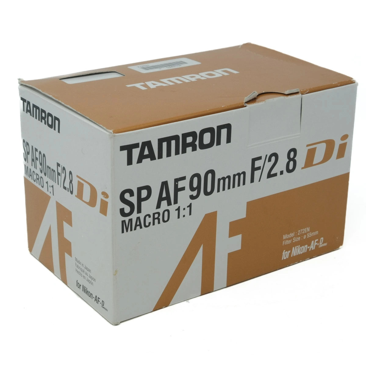 Tamron SP AF90mm F/2.8 Di camera lens packaging box on a white background