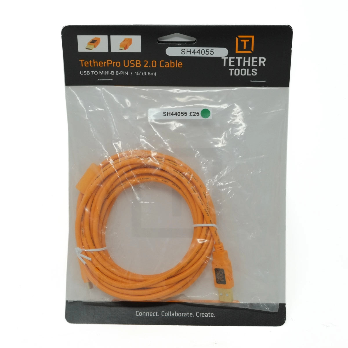 Orange USB cable in clear packaging with Tether Tools branding on a white background