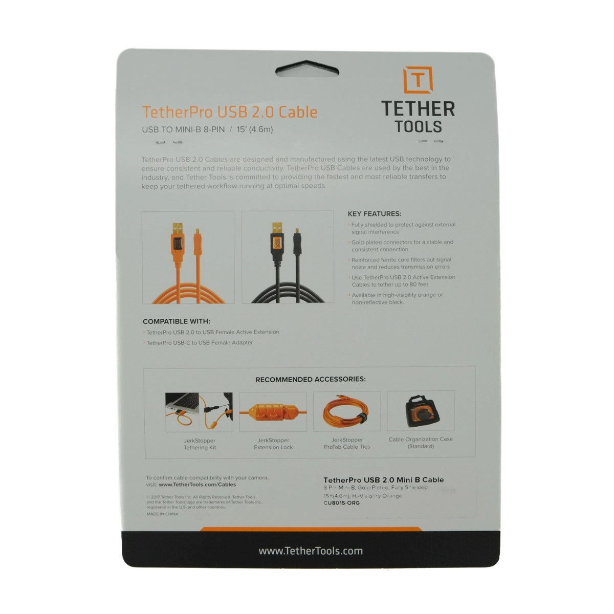 TetherPro USB 2.0 cable packaging with product details on a white background