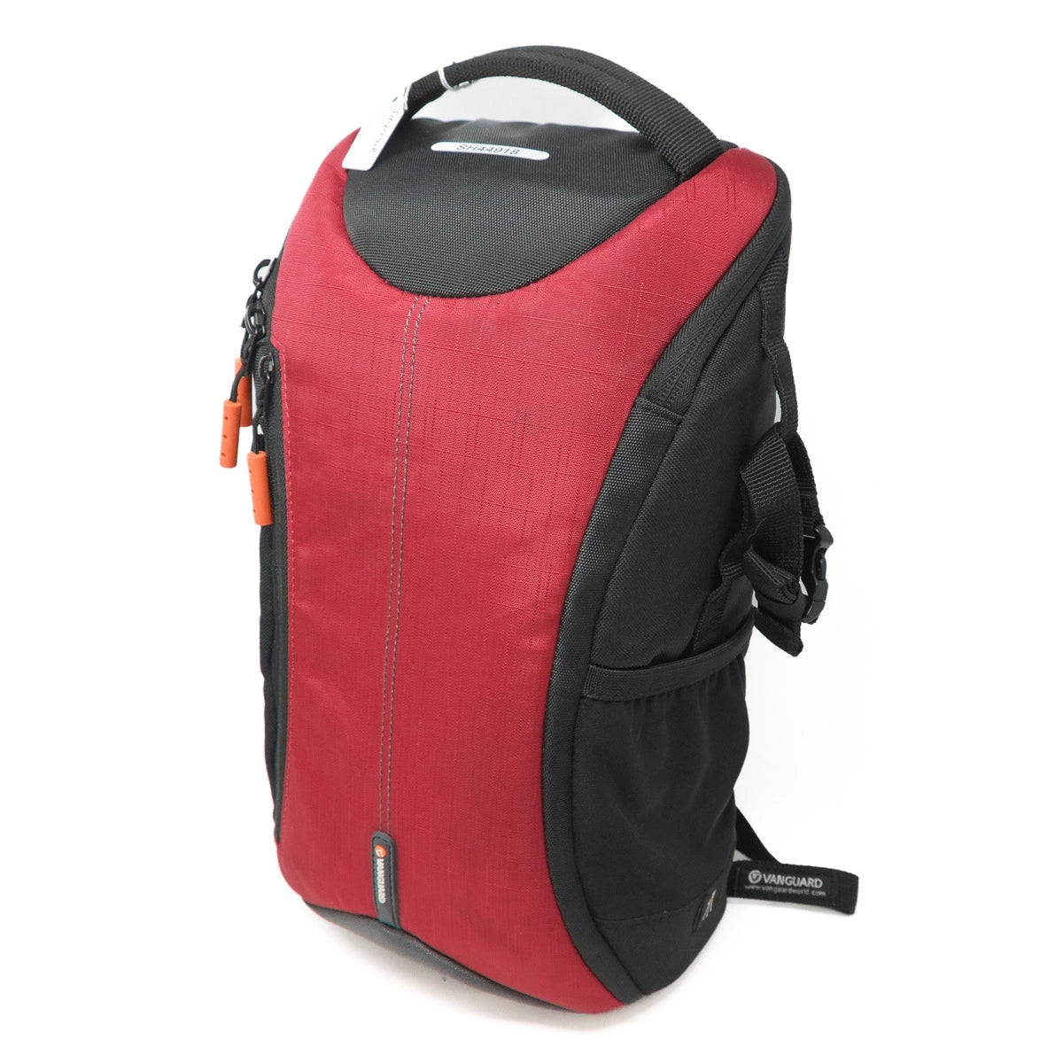 Red and black backpack on a white background