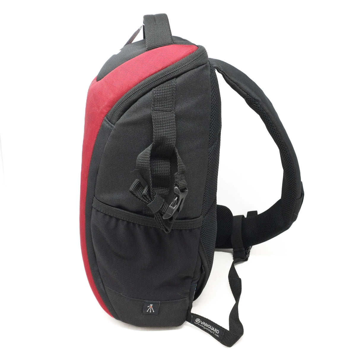 Black and red sling bag on a white background