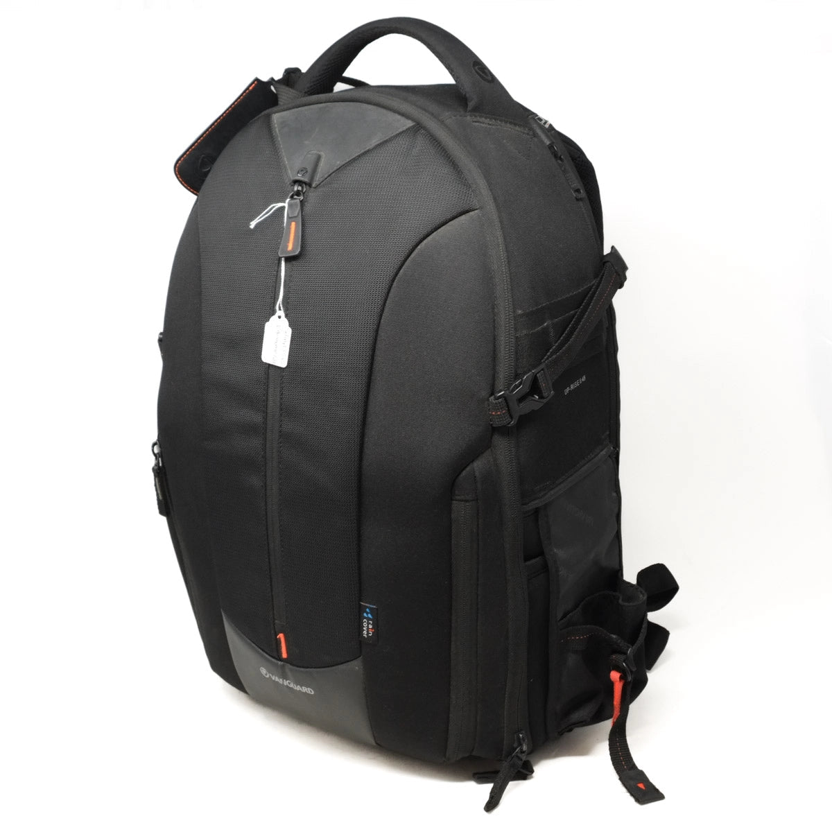 Black backpack with visible branding on a white background