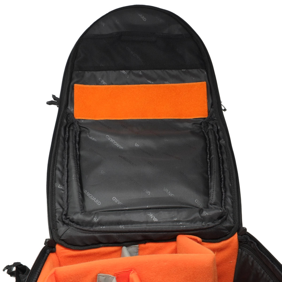 Black backpack with orange interior and compartments on a white background