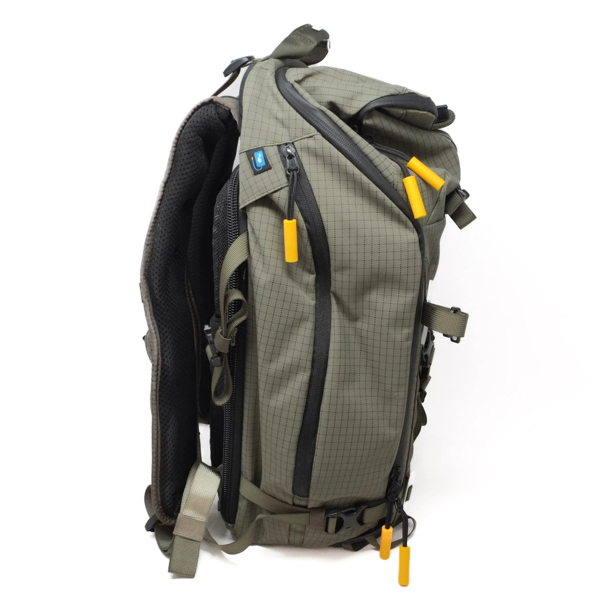 Green backpack with black straps and yellow accents on a white background