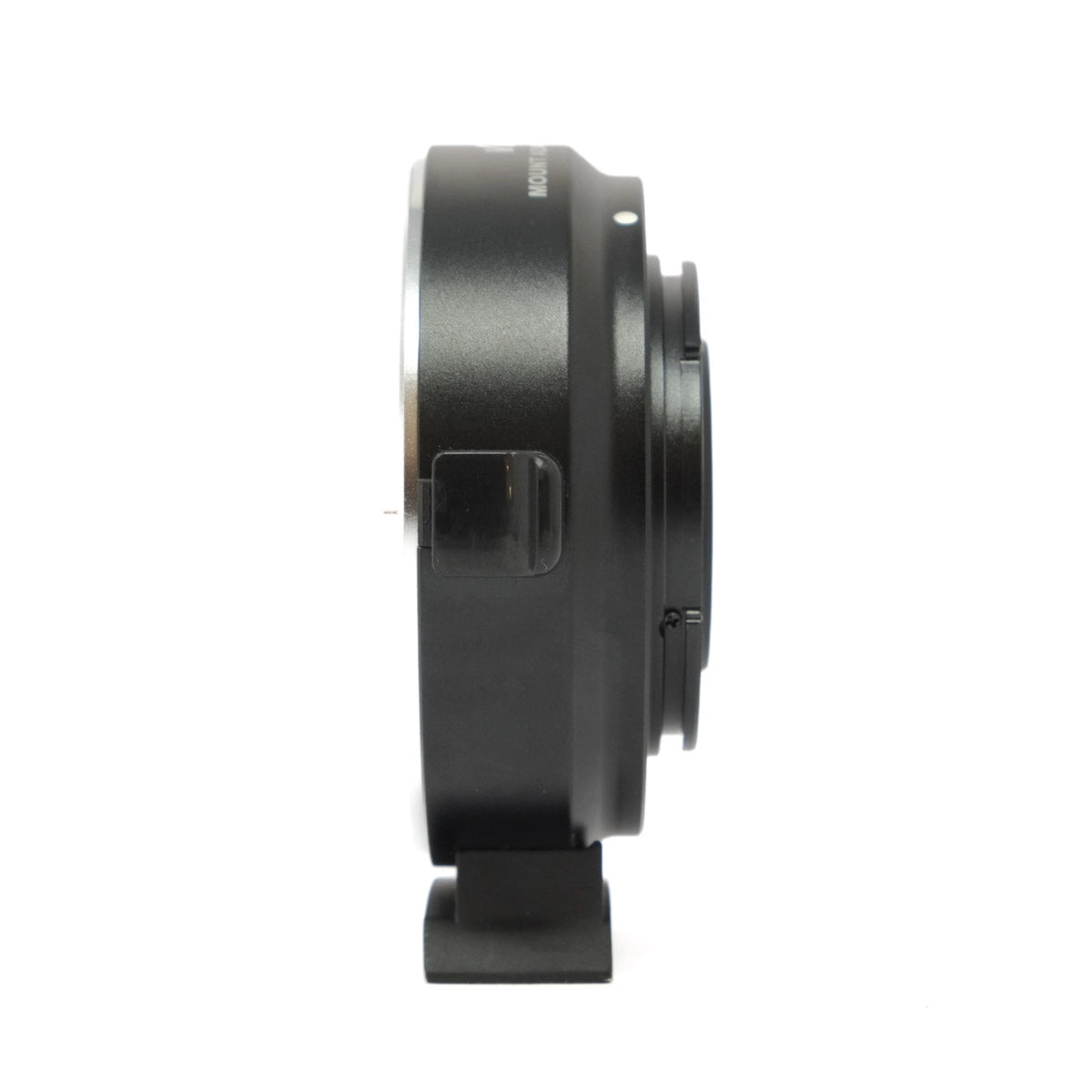 Black camera lens mount adapter on a white background