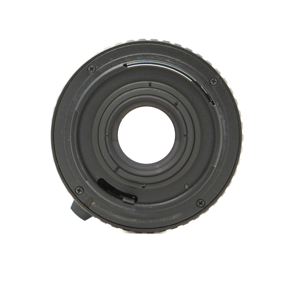 Black camera lens mount on a white background
