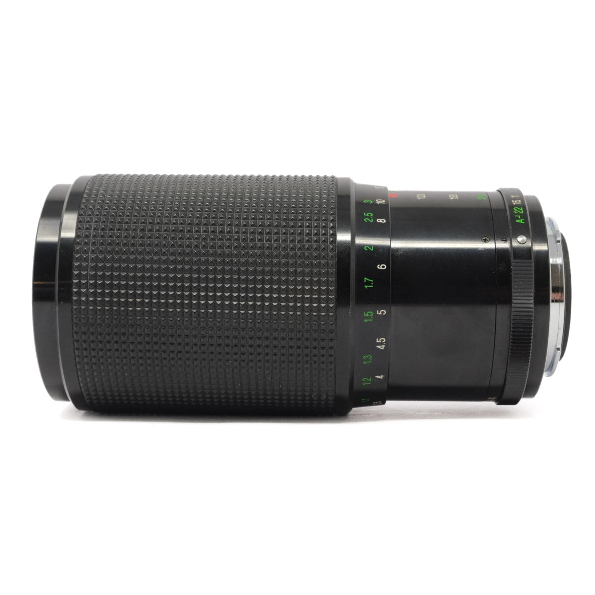 Camera lens with focus scale on a white background