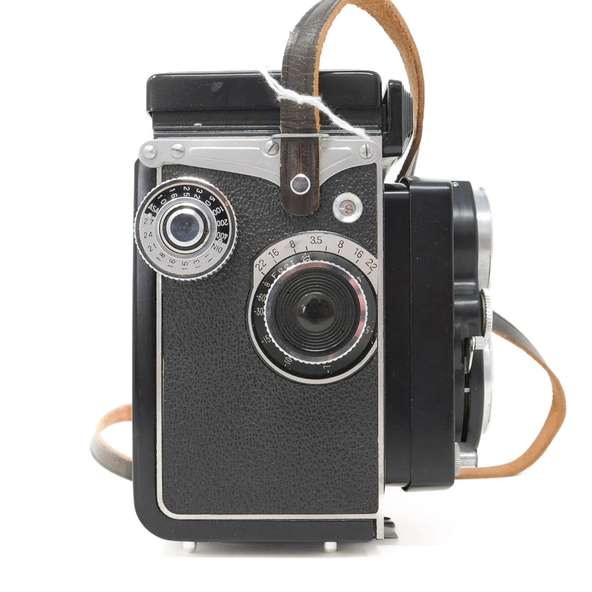 Vintage camera with leather strap on a white background