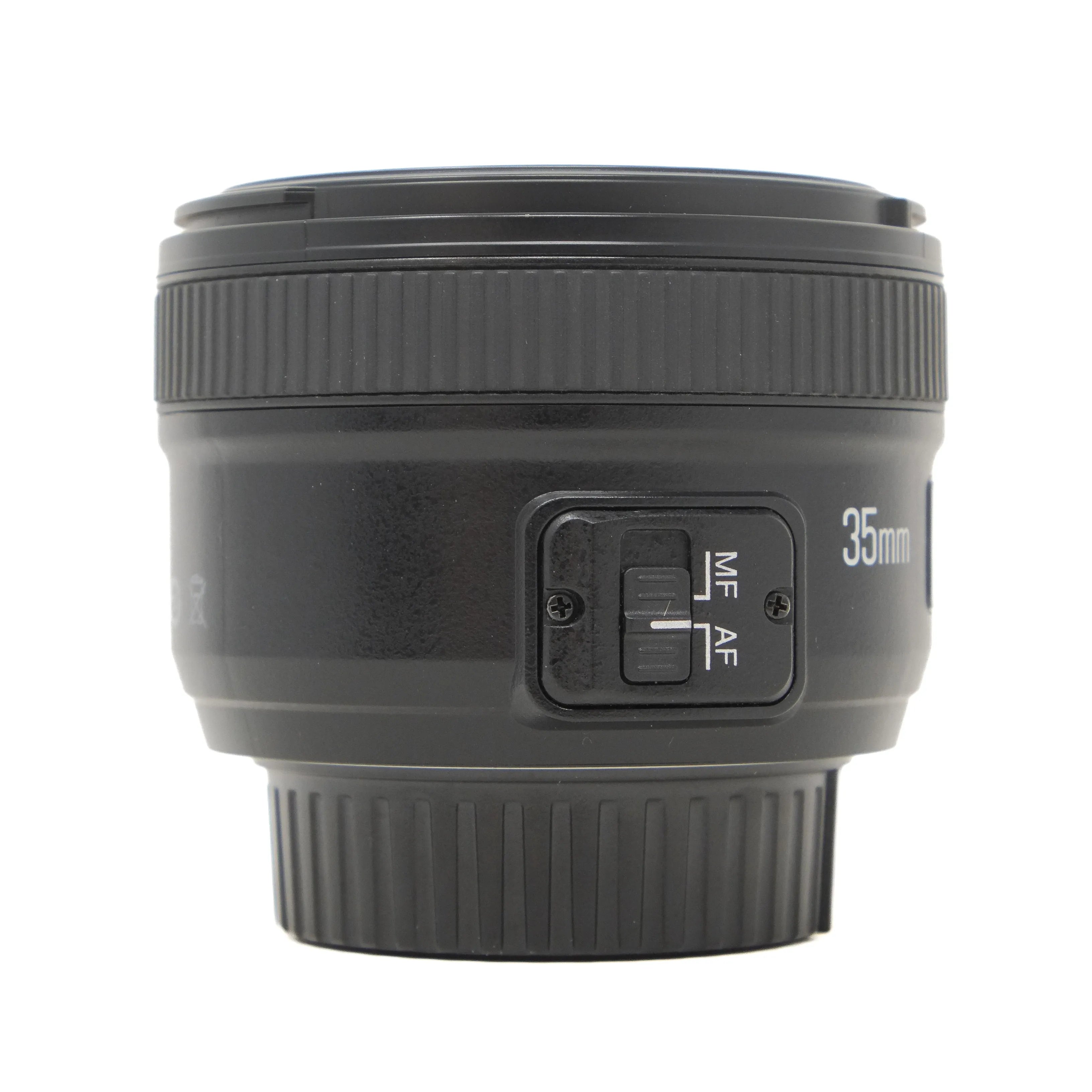 Black camera lens with focus and aperture control on a white background