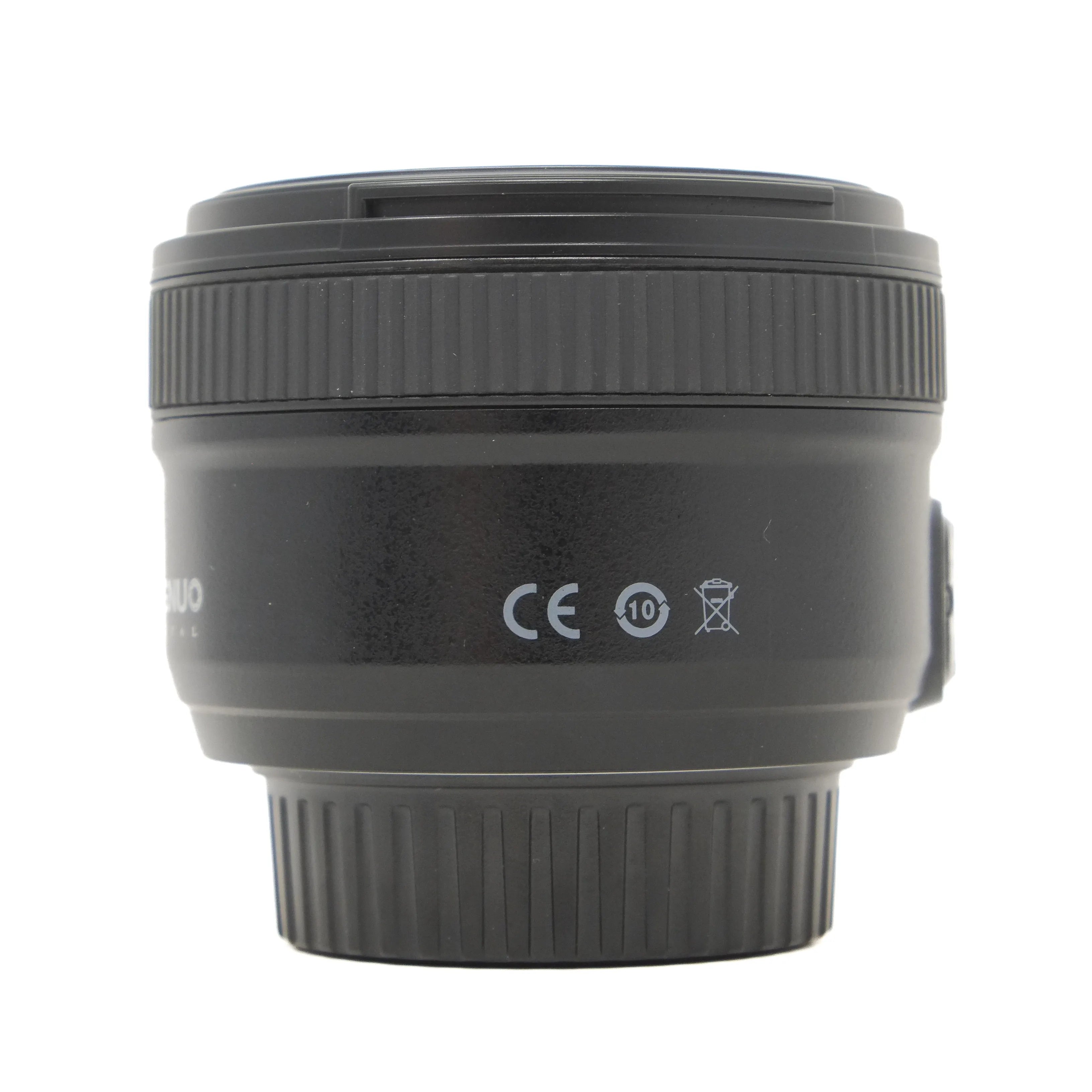 Camera lens with branding and certification symbols on a white background