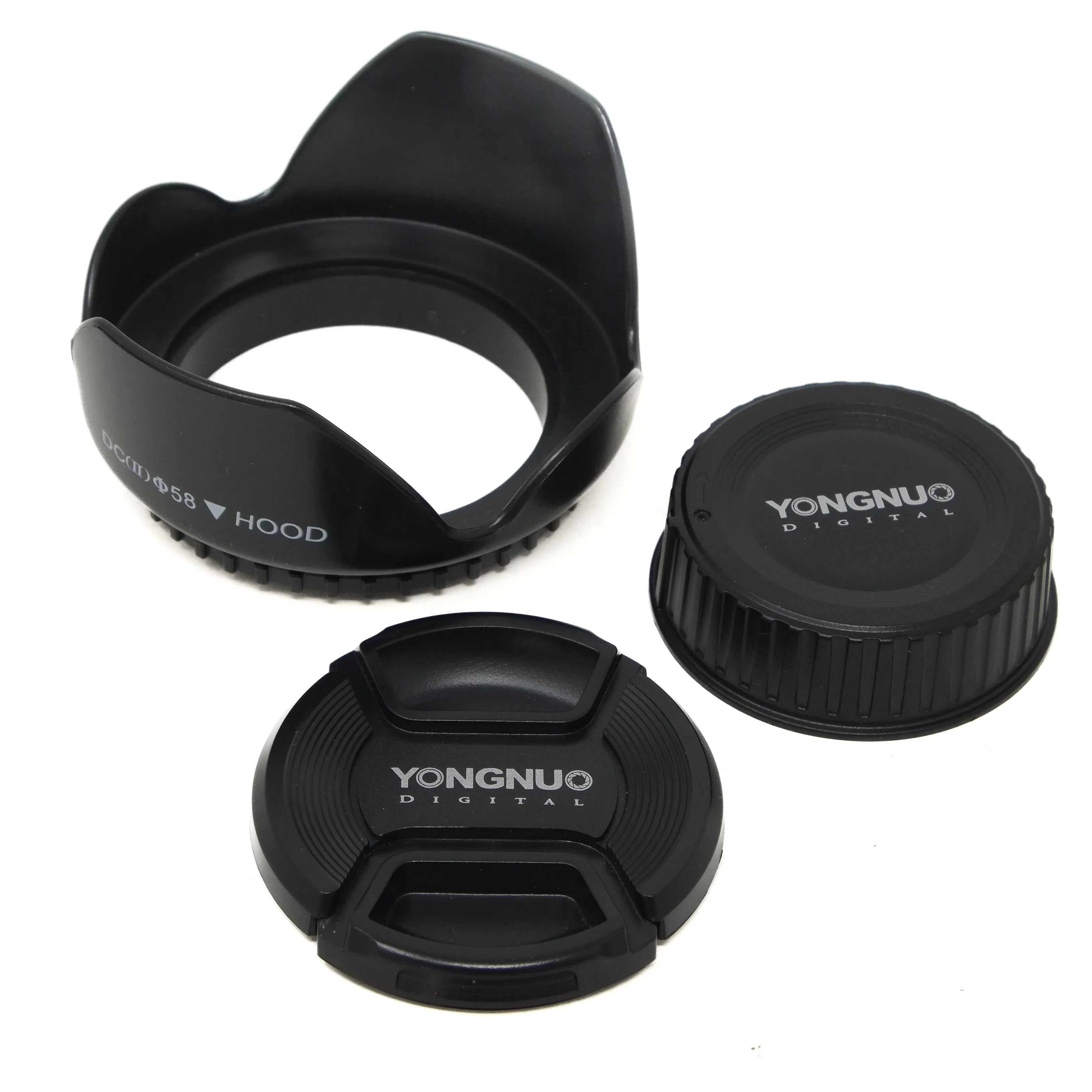 Camera lens hood and caps with 'Yongnuo Digital' branding on a white background