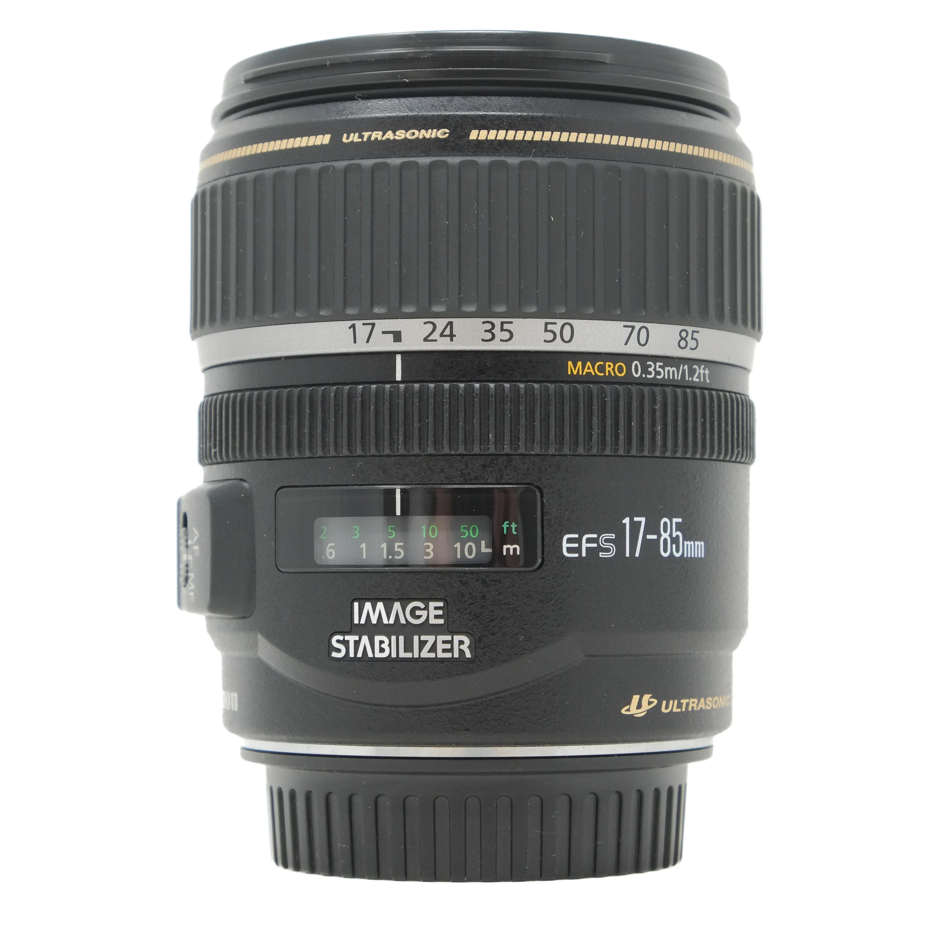 Camera lens with 'Image Stabilizer' and 'Ultra Sonic' text on a white background