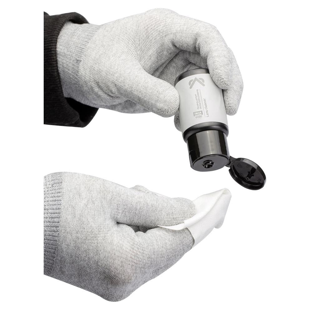 VSGO Lens Cleaning Kit front angle of lens cleaning solution being applied to cleaning cloth