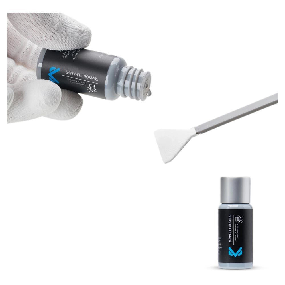 VSGO Medium Format Sensor Cleaning Rod Kit front angle of cleaning fluid being applied to swob