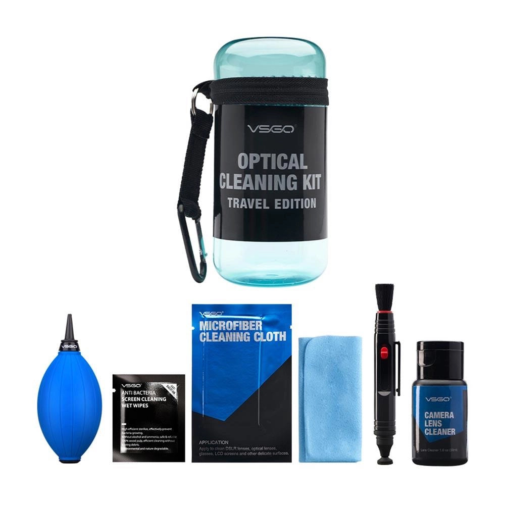 VSGO Optical cleaning kit travel edition-Blue front angle of case and contents