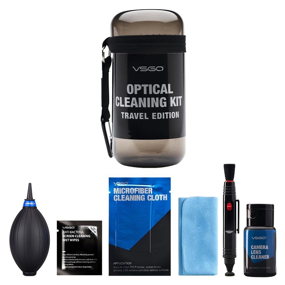 VSGO Optical cleaning kit travel edition-Grey front angle of case and contents 2
