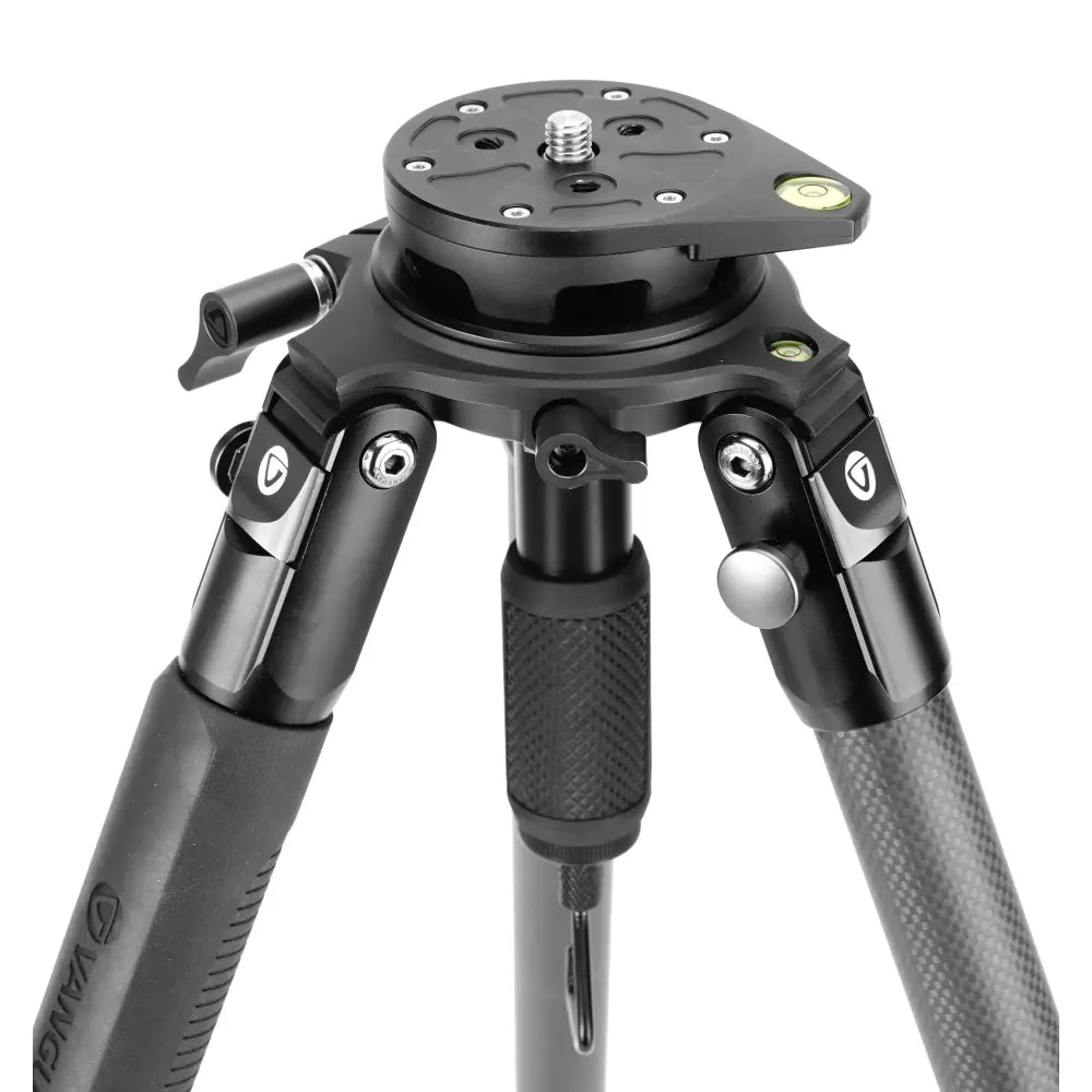 Black tripod with adjustable head on a white background