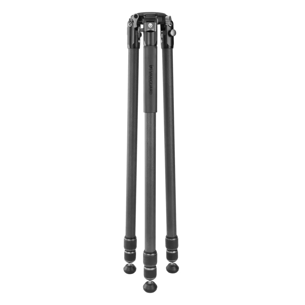 Black camera tripod on a white background