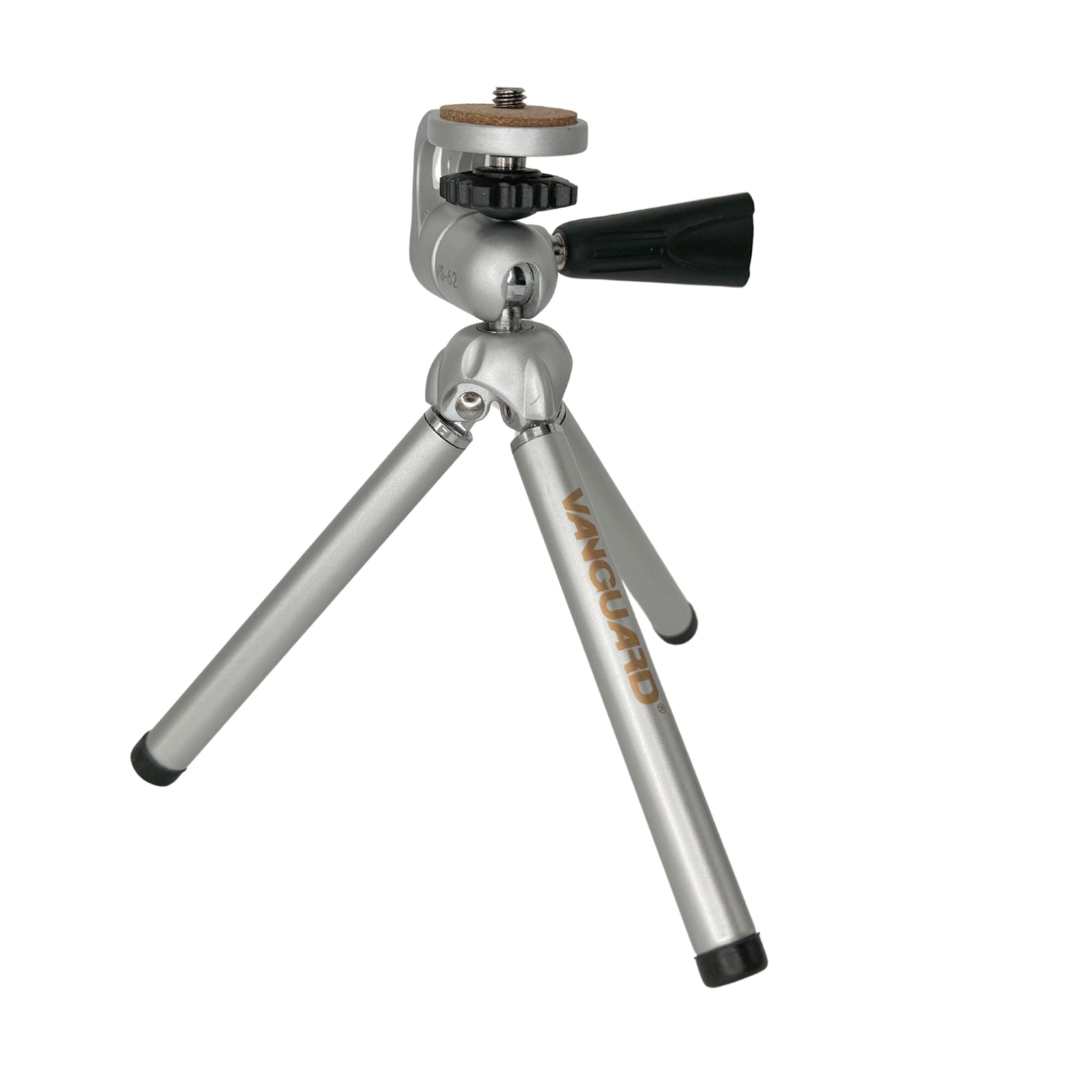 Small silver tripod with a camera mount on a white background