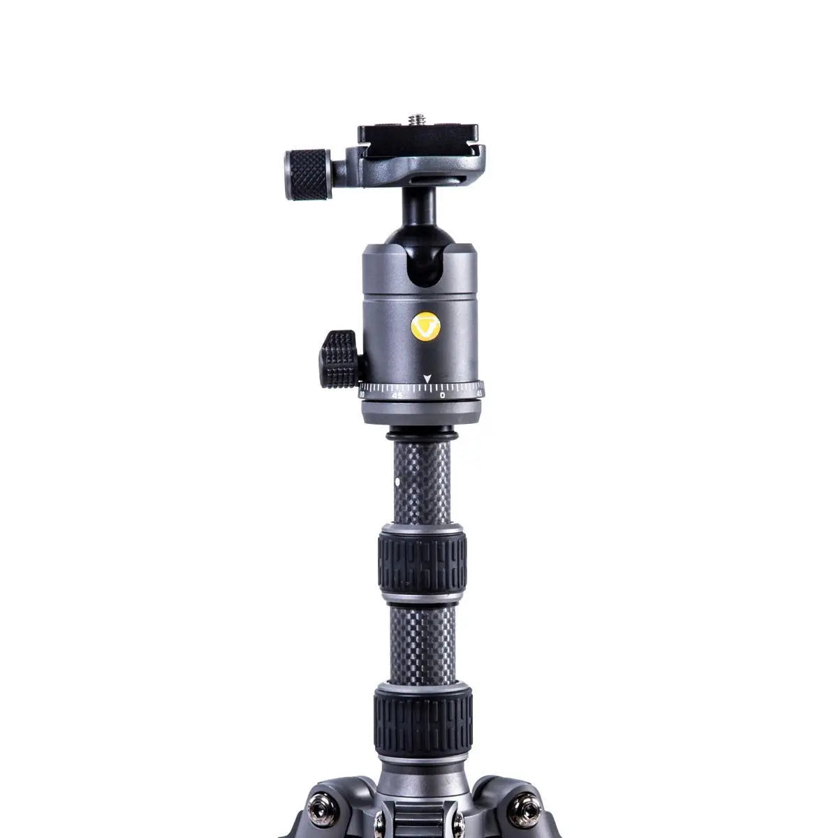 Camera tripod with ball head on a white background