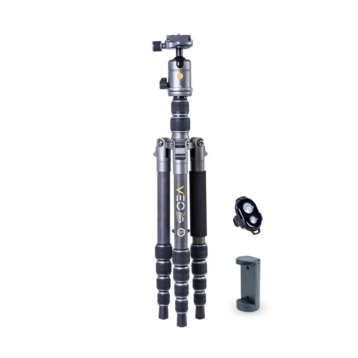 Camera tripod with accessories on a white background